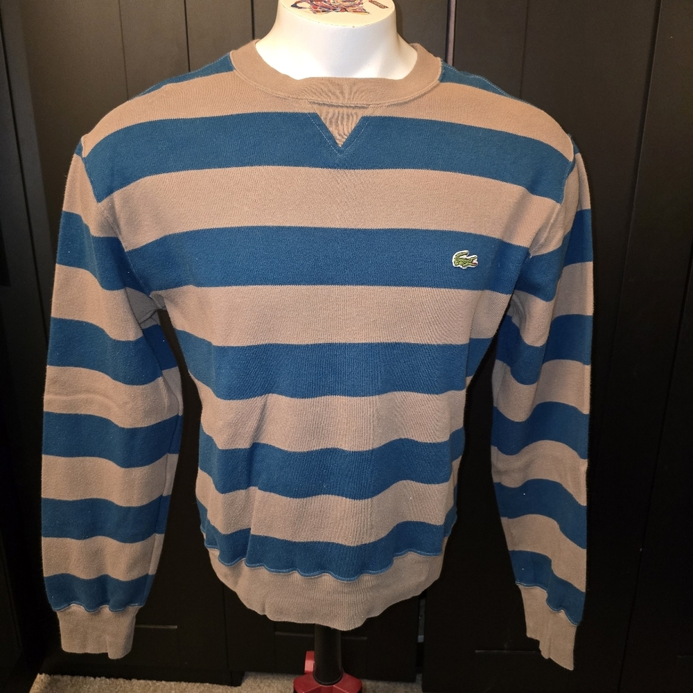 Vintage 70s Lacoste Blue and Tan Striped Crewneck Sweater Mens L  RARE! 100%